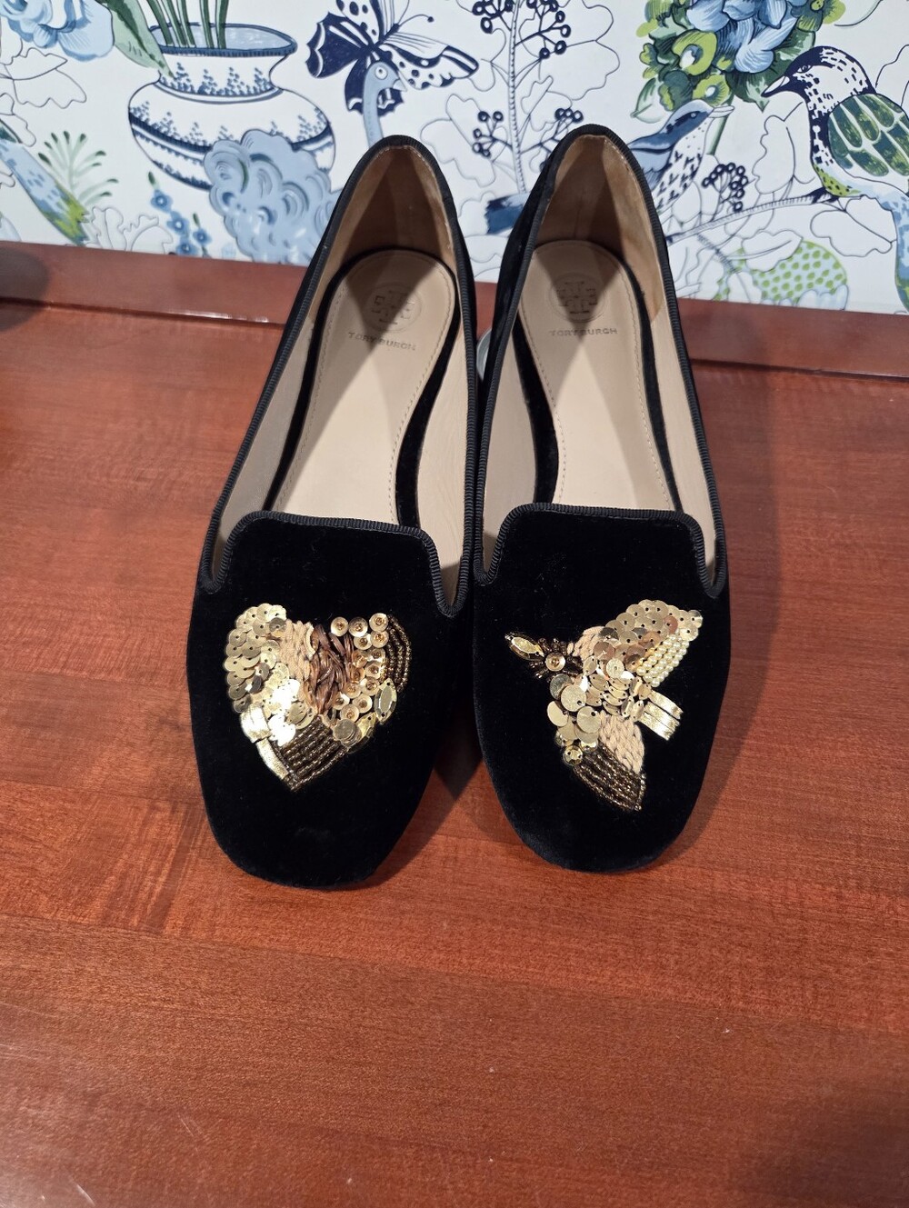 Tory Burch Black Velvet Sequin Heart & Peace Bird Smoking Slipper Flats 9.5M